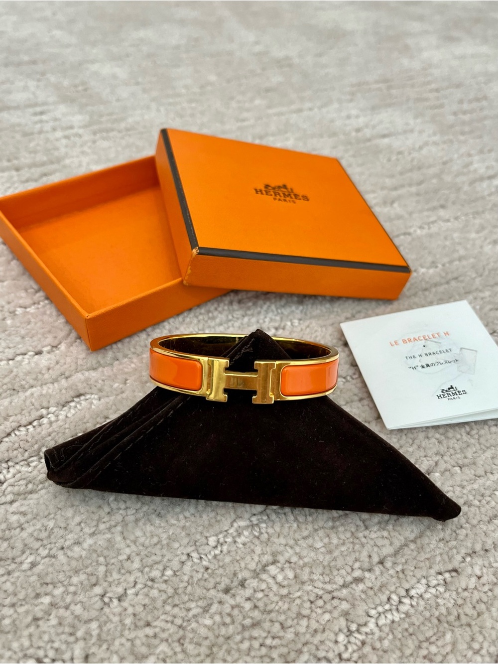 Hermes Orange Enamel Clic H Bracelet with Gold-Tone Hardware